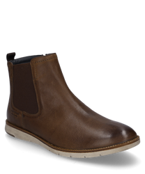 Die Stiefelette besteht aus braunem Leder mit seitlichem Reißverschluss. Sie zeichnet sich durch eine helle Sohle und elastische Einsätze für zusätzlichen Komfort aus.
