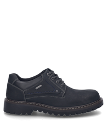 La scarpa nera in pelle presenta una robusta allacciatura e cuciture decorative a contrasto. La scarpa ha una suola resistente ideale per l'uso quotidiano.