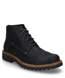 Schwarze Stiefelette aus Leder mit Schnürverschluss und markanten Ziernähten. Der Schuh hat eine robuste Sohle und bietet ein klassisches zeitloses Design.