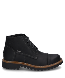 Schwarze Stiefelette aus Leder mit Schnürverschluss und markanten Ziernähten. Der Schuh hat eine robuste Sohle und bietet ein klassisches zeitloses Design.
