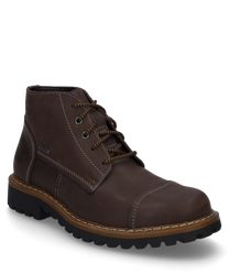 Die Stiefelette aus braunem Leder hat eine markante Schnürung und kontrastierende Nähte. Sie verfügt über eine robuste profilierte Sohle und abgerundete Kappen für optimalen Tragekomfort.