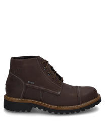 Die Stiefelette aus braunem Leder hat eine markante Schnürung und kontrastierende Nähte. Sie verfügt über eine robuste profilierte Sohle und abgerundete Kappen für optimalen Tragekomfort.