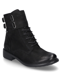 The black leather ankle boot features lacing and two side buckles with metal accents. It offers a modern look with a sturdy sole and subtle stitching.