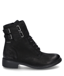 The black leather ankle boot features lacing and two side buckles with metal accents. It offers a modern look with a sturdy sole and subtle stitching.