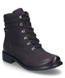 Bottine en cuir gris foncé avec lacets semelle robuste et coutures claires. La membrane Gore-Tex imperméable garantit des pieds au sec par tous les temps.