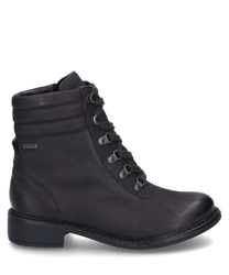 Bottine en cuir gris foncé avec lacets semelle robuste et coutures claires. La membrane Gore-Tex imperméable garantit des pieds au sec par tous les temps.