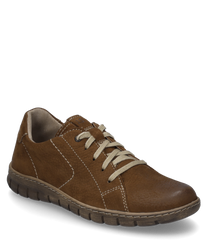 Bruine leren veterschoen met lichte decoratieve stiksels en vetersluiting. De schoen heeft een flexibele geprofileerde zool en biedt hoog draagcomfort door de zachte binnenvoering.