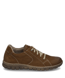 Bruine leren veterschoen met lichte decoratieve stiksels en vetersluiting. De schoen heeft een flexibele geprofileerde zool en biedt hoog draagcomfort door de zachte binnenvoering.