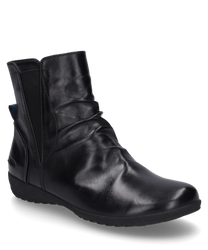 La bottine noire est en cuir brillant et possède une fermeture éclair pratique sur le côté. La chaussure a une surface lisse et des détails légèrement froncés qui lui donnent une touche élégante.