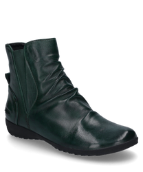 Bottine en cuir vert foncé avec fermeture éclair latérale et empiècement élastique pour un enfilage facile. La surface légèrement froncée donne une touche de mode à la chaussure.