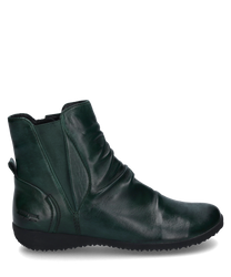 Bottine en cuir vert foncé avec fermeture éclair latérale et empiècement élastique pour un enfilage facile. La surface légèrement froncée donne une touche de mode à la chaussure.