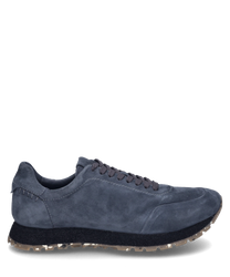 Dark gray suede sneaker with lacing. The sole is patterned and light providing a stylish contrast to the shoe.