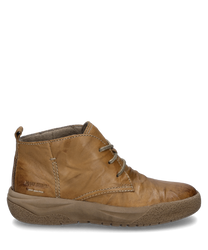La bota de cuero marrón claro cuenta con un cordón para un ajuste óptimo. El zapato tiene una suela robusta y antideslizante y muestra detalles de costura discretos que subrayan el aspecto casual.