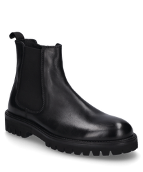 La bota mostrada está hecha de cuero negro y cuenta con una cremallera lateral. Tiene una suela robusta y paneles elásticos para un confort óptimo.
