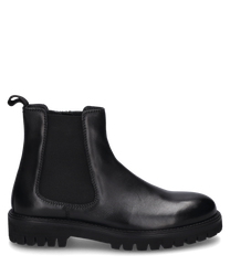 La bota mostrada está hecha de cuero negro y cuenta con una cremallera lateral. Tiene una suela robusta y paneles elásticos para un confort óptimo.
