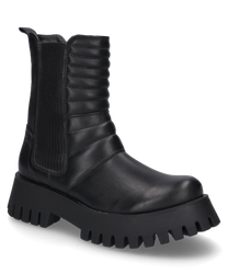 Schwarzer Stiefel aus Leder mit Reißverschluss und elastischen Seiteneinsätzen. Robuste Sohle mit tiefem Profil für optimalen Halt.
