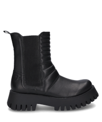 Schwarzer Stiefel aus Leder mit Reißverschluss und elastischen Seiteneinsätzen. Robuste Sohle mit tiefem Profil für optimalen Halt.