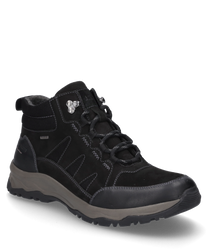 Die schwarze Stiefelette aus robustem Material zeichnet sich durch eine Schnürung und einen gepolsterten Schaft aus. Sie hat eine profilierte Sohle für besseren Halt und verstärkte Nähte für zusätzliche Stabilität.
