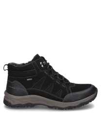 Die schwarze Stiefelette aus robustem Material zeichnet sich durch eine Schnürung und einen gepolsterten Schaft aus. Sie hat eine profilierte Sohle für besseren Halt und verstärkte Nähte für zusätzliche Stabilität.