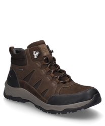 Die braune Stiefelette besteht aus robustem Material und verfügt über eine Schnürung für optimalen Halt. Sie ist mit einer Kombination aus verschiedenen Brauntönen und schwarzen Details gestaltet und zeigt eine profilierte Sohle für besseren Grip.