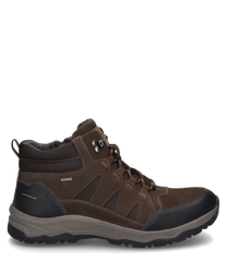 Die braune Stiefelette besteht aus robustem Material und verfügt über eine Schnürung für optimalen Halt. Sie ist mit einer Kombination aus verschiedenen Brauntönen und schwarzen Details gestaltet und zeigt eine profilierte Sohle für besseren Grip.