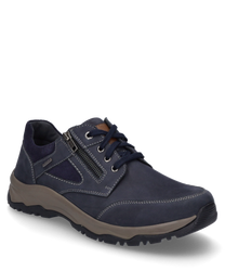 Zapato de cuero azul oscuro con cordones y cierre lateral de cremallera. El zapato tiene una suela robusta de color beige y costuras blancas en contraste.