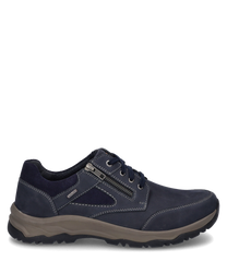 Zapato de cuero azul oscuro con cordones y cierre lateral de cremallera. El zapato tiene una suela robusta de color beige y costuras blancas en contraste.