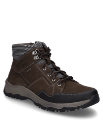 Die Stiefelette ist aus braunem Leder mit grauem Strickkragen gefertigt. Sie besitzt eine robuste Schnürung und eine profilierte Sohle für optimalen Halt.