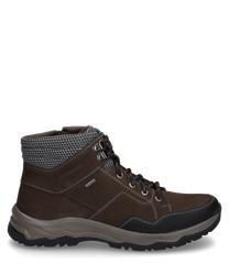 Die Stiefelette ist aus braunem Leder mit grauem Strickkragen gefertigt. Sie besitzt eine robuste Schnürung und eine profilierte Sohle für optimalen Halt.