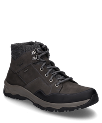 The ankle boot is made of durable dark gray leather with lacing. It features a padded shaft made of textured fabric and a grippy beige-gray sole for optimal support.