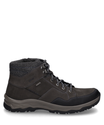 The ankle boot is made of durable dark gray leather with lacing. It features a padded shaft made of textured fabric and a grippy beige-gray sole for optimal support.