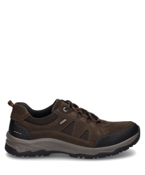 La chaussure basse en combinaison marron présente un design robuste avec des lacets et est fabriquée en cuir de haute qualité. Les caractéristiques particulières sont le renfort à l'avant du pied et la semelle profilée pour une meilleure adhérence.