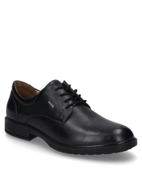 La chaussure noire en cuir dispose d'un laçage classique et d'une silhouette simple et élégante. La chaussure a un détail logo discret sur le côté et est idéale pour des occasions formelles.