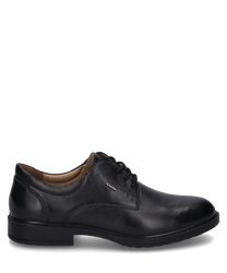 La chaussure noire en cuir dispose d'un laçage classique et d'une silhouette simple et élégante. La chaussure a un détail logo discret sur le côté et est idéale pour des occasions formelles.