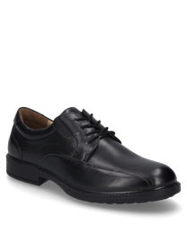 Elegante zwarte leren veterschoen. De schoen kenmerkt zich door de gladde afwerking en duidelijke stikdetails.