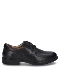 Elegante zwarte leren veterschoen. De schoen kenmerkt zich door de gladde afwerking en duidelijke stikdetails.