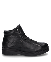 Die schwarze Stiefelette aus Leder verfügt über eine Schnürung und metallene Ösen. Der Schuh hat eine robuste profilierte Sohle und einen leicht gepolsterten Schaft für zusätzlichen Komfort.