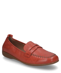 Ballerina made of soft smooth leather in reddish-brown with decorative laces and elastic closure. The shoe features a flat brown sole and offers a comfortable and stylish look for everyday wear.