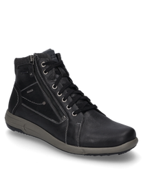 Die schwarze Stiefelette aus Leder verfügt über eine Schnürung und einen seitlichen Reißverschluss. Der Schuh hat eine graue Sohle und dezente Ziernähte die dem Design einen modernen Touch verleihen.