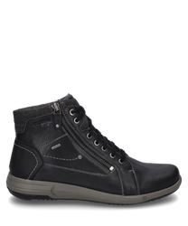 Die schwarze Stiefelette aus Leder verfügt über eine Schnürung und einen seitlichen Reißverschluss. Der Schuh hat eine graue Sohle und dezente Ziernähte die dem Design einen modernen Touch verleihen.
