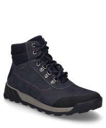 Die abgebildete Stiefelette in der Farbe Indigo-Kombi besteht aus einem robusten Material mit Schnürung als Verschluss. Besondere Merkmale sind die gepolsterte Knöchelpartie und die profilierte Sohle für besseren Halt.