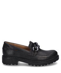 Zwarte leren halfhoge schoen met elastische sluiting en opvallende kettingdecoratie op de wreef. De robuuste zool biedt extra grip en comfort.