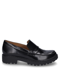 Zapato elegante en negro brillante con cierre de goma resistente. El zapato está hecho de cuero pulido de alta calidad y se caracteriza por su suela de perfil antideslizante.