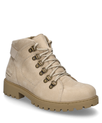 La bota de cuero color crema se caracteriza por un robusto cordón y una suela estable y perfilada. El material tiene un aspecto de alta calidad y proporciona un look moderno y versátil.