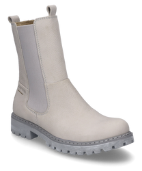 Beigefarbene Stiefel mit Reißverschluss aus glattem Leder gefertigt. Die Stiefel verfügen über eine robuste graue Sohle und seitliche elastische Einsätze für Komfort.