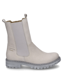 Beigefarbene Stiefel mit Reißverschluss aus glattem Leder gefertigt. Die Stiefel verfügen über eine robuste graue Sohle und seitliche elastische Einsätze für Komfort.