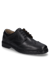 La scarpa è realizzata in pelle nera e presenta un'elegante allacciatura. Il design si distingue per le delicate cuciture decorative e una suola robusta.