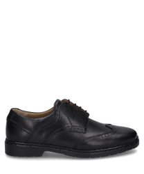 La scarpa è realizzata in pelle nera e presenta un'elegante allacciatura. Il design si distingue per le delicate cuciture decorative e una suola robusta.