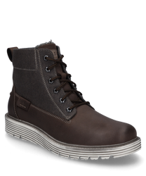 Die Stiefelette ist aus braunem Leder mit Textilakzenten gefertigt und hat eine hellgraue profilierte Sohle. Sie verfügt über eine Schnürung und dezente Ziernähte die für einen klassischen Look sorgen.
