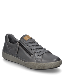 The graphite-colored sneaker is made of smooth material and features lacing as a closure. Special features include a side zipper and a contrasting textured sole.